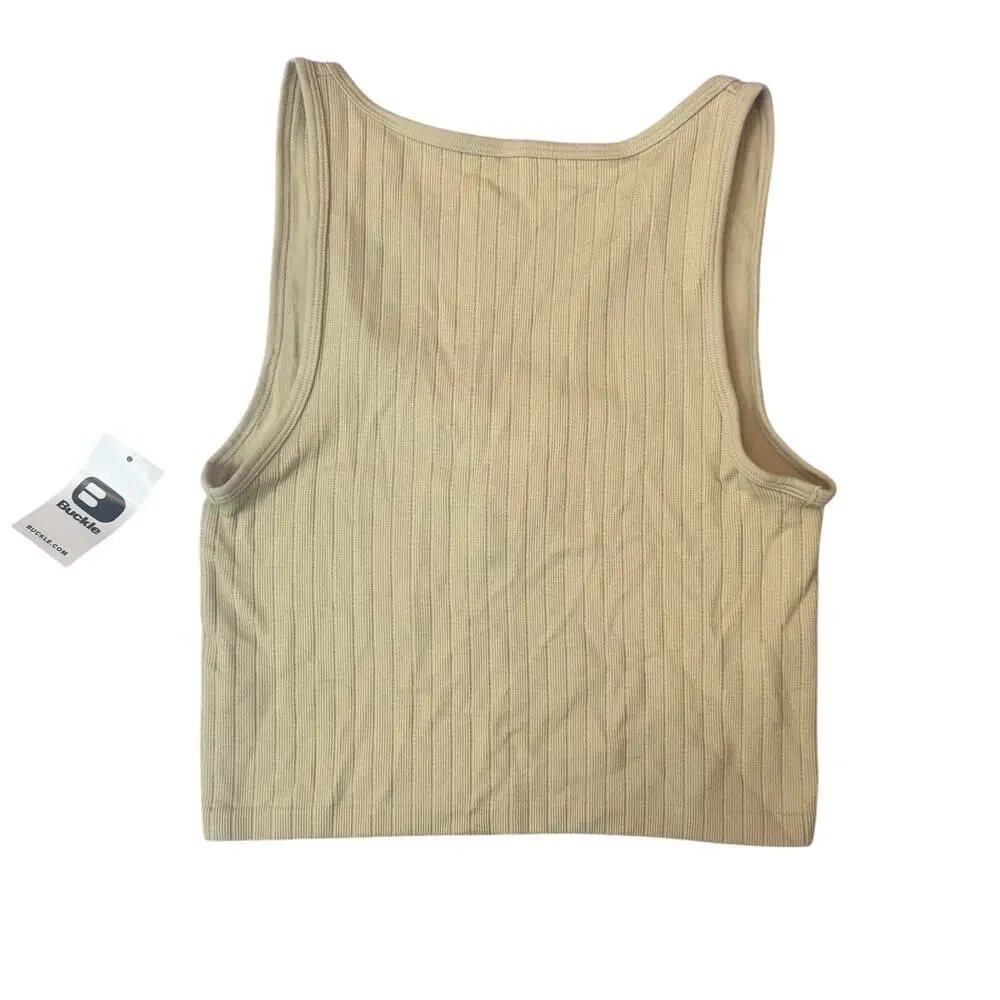 NWT Buckle XS BKE Womens Peyote Seamless Scoop Neck Sleeves Beige Crop Top New - Picture 2 of 7